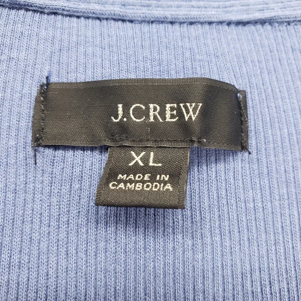 J Crew Ribbed V-Neck Pullover Top Women XL Blue Long Sleeve Cotton Polo Collar